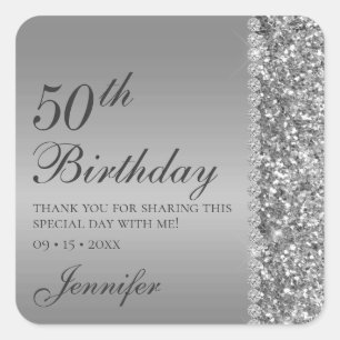 50th Elegant Silver Birthday Square Sticker