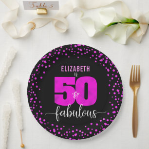 50th fabulous birthday hot pink glam dots black paper plate