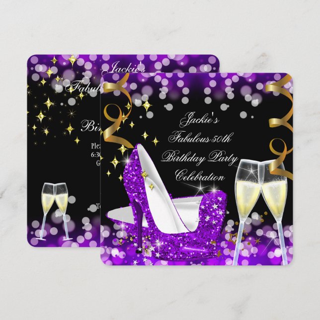 50th Fabulous Purple Glitter High Heel Birthday Invitation (Front/Back)
