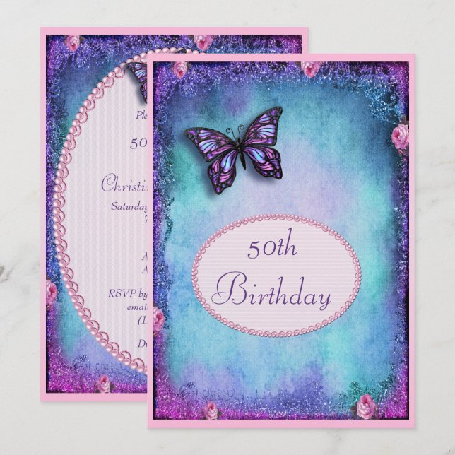 50th Faux Glitter, Butterfly, Roses & Lace Invitation (Front/Back)