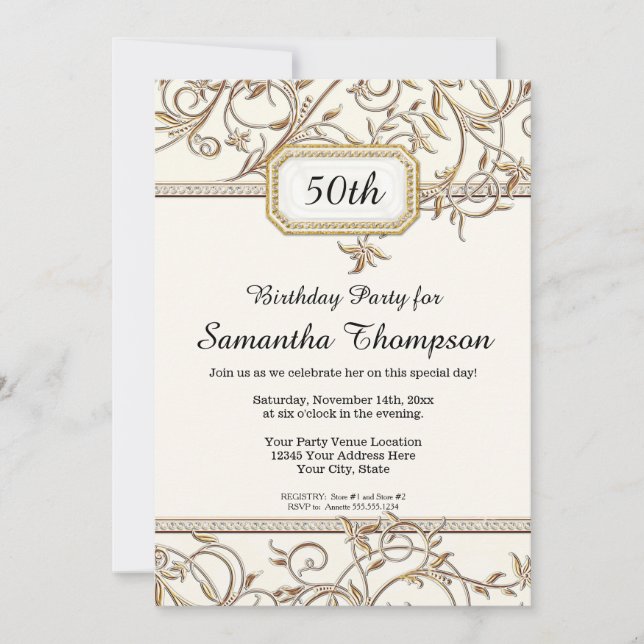 50th Fiftieth Glam Gold Hollywood Regency Party Invitation (Front)
