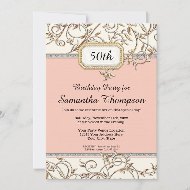 50th Fiftieth Glam Gold Pink Art Nouveau Birthday Invitation (Front)