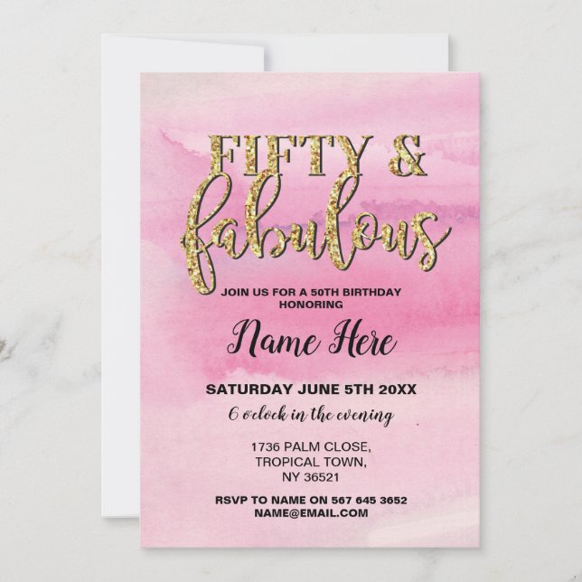 50th Fifty & Fabulous Birthday Party Pink Invite (Front)