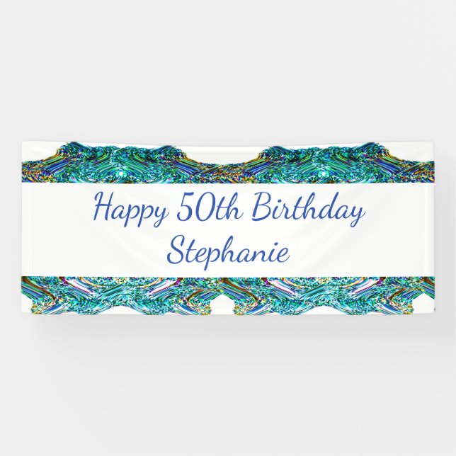 50th Fifty Happy Birthday Party Blue Abstract 2024 Banner (Horizontal)