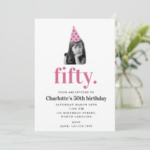 50th Fifty Modern Photo Birthday Funny Face Pink Invitation
