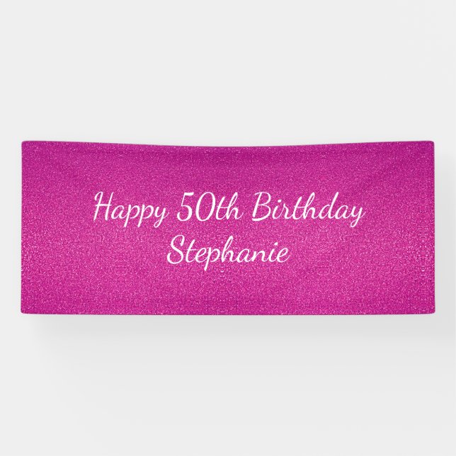 50th Fifty Pink Glittery Happy Birthday Party 2024 Banner (Horizontal)