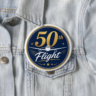 50th flight gold airplane travel souvenir 4 inch round button