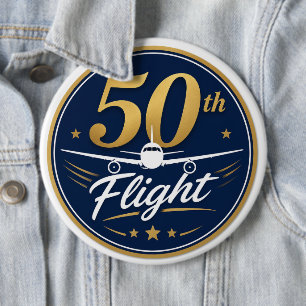 50th flight gold airplane travel souvenir 6 inch round button
