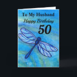 50th For My Husband Blue Dragonfly Birthday Card<br><div class="desc">Celebrate your husband's 50th birthday on a brave blue dragonfly card. Created from my original watercolor painting,  the whimsical insect flies peacefully by with ocean blue,  black and teal green colors. Enjoy the message of congratulations with all your love.</div>