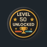 50th gamer funny level unlocked pun 2 inch round button<br><div class="desc">Change the number to any age you want,  makes a great birthday pin badge</div>