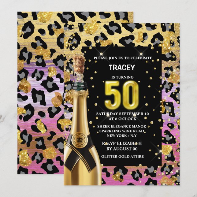 50th glam diva pink gold leopard safari print invitation (Front/Back)