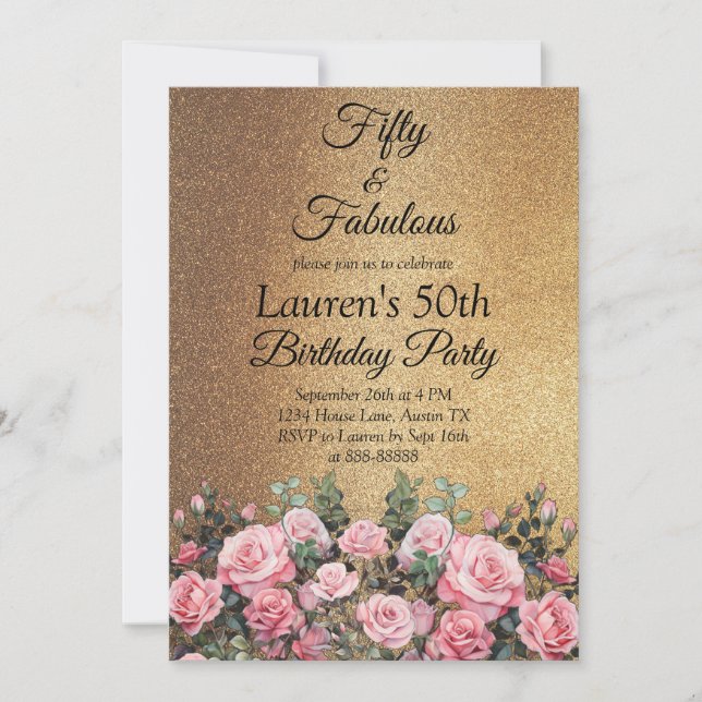 50th Glitter Gold Rose Fifty and Fabulous Birthday Invitation (Front)