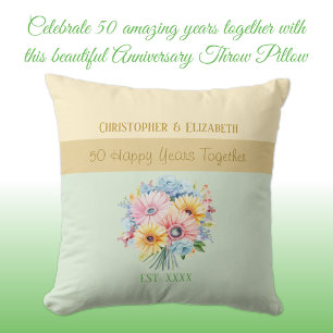 50th gold anniversary flowers green throw pillow