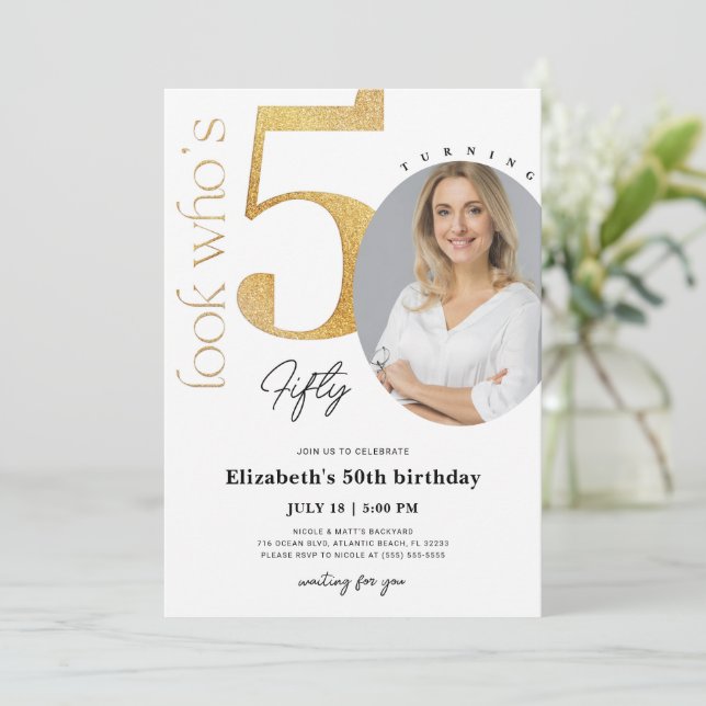 50th Gold Birthday Invitation with Photo (Standing Front)