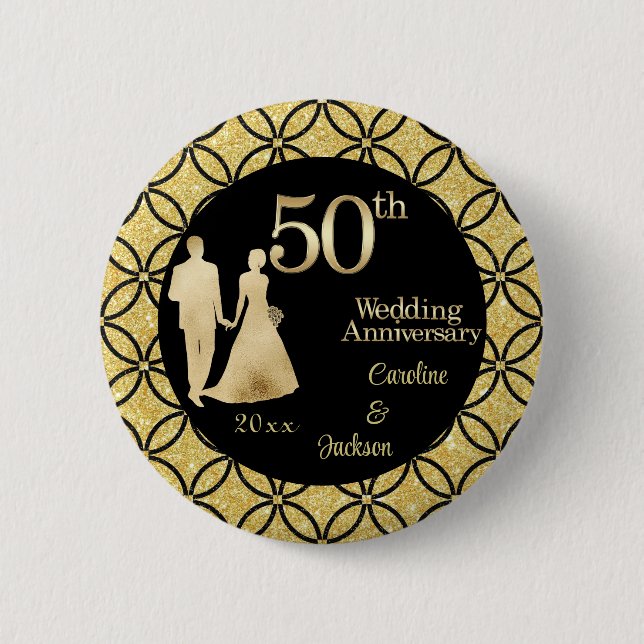 50th Gold Couple Wedding Anniversary Glitter 2 Inch Round Button (Front)