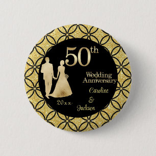 50th Gold Couple Wedding Anniversary Glitter 2 Inch Round Button