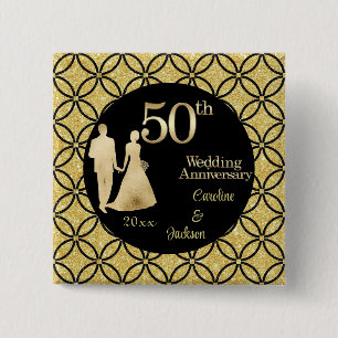 50th Gold Couple Wedding Anniversary Glitter 2 Inch Square Button