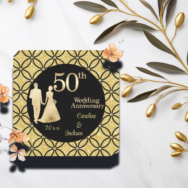 50th Gold Couple Wedding Anniversary Glitter Square Paper Coaster (Creator Uploaded)