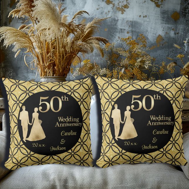 50th Gold Couple Wedding Anniversary Glitter Throw Pillow (Creator Uploaded)