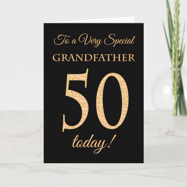 50th Gold-effect on Black, Grandfather Birthday Card (Front)