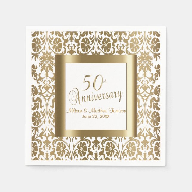 50th Gold Floral Damask and White Napkin (Front)