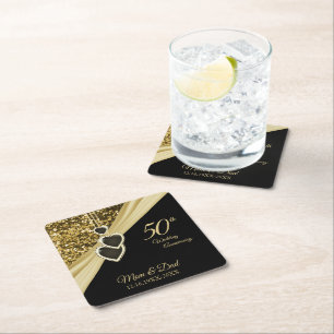 50th Gold Glitter Anniversary Square Paper Coaster
