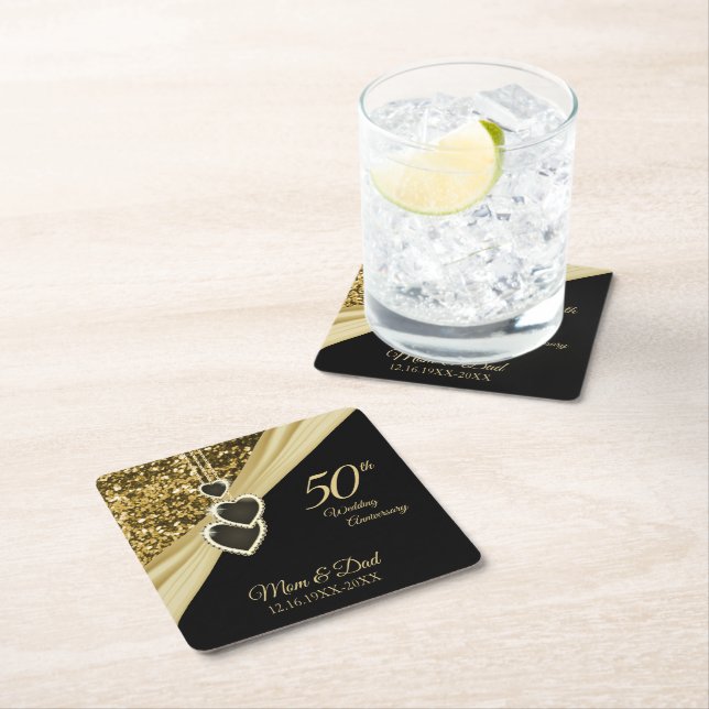 50th Gold Glitter Anniversary Square Paper Coaster (Insitu)