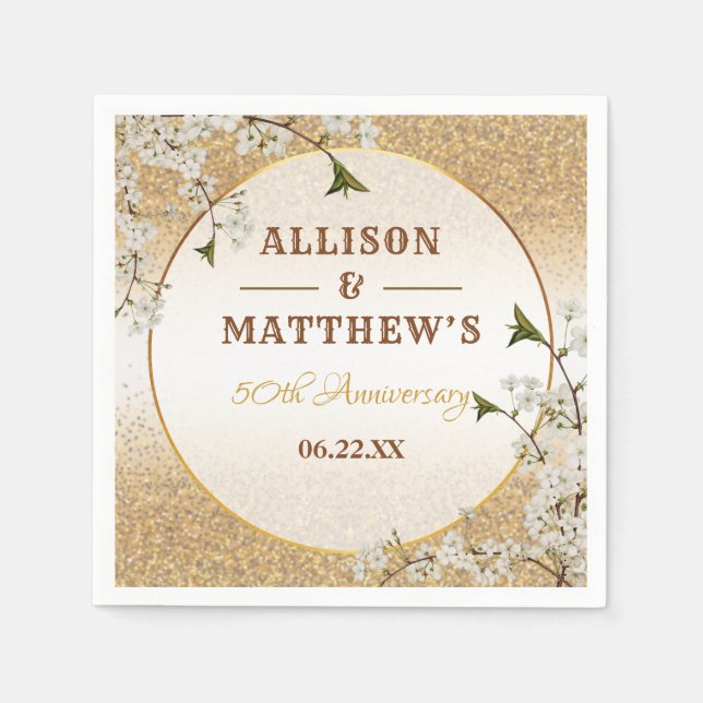 50th Gold Glitter Frame Floral Wedding Anniversary Napkin (Front)