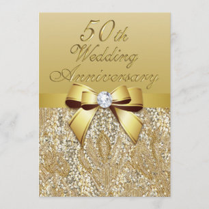50th Gold Wedding Anniversary Faux Bow Sequins Invitation