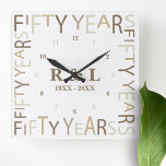 50th Gold Wedding Anniversary Gift Square Wall Clock<br><div class="desc">Stylish and elegant keepsake wall clock designed for a milestone fifty year wedding anniversary.  Easily personalize and customize by initials and year(s) for special friends,  couples,  parents or your husband / wife. Be sure to check out the rest of my collection for more gifting ideas.</div>