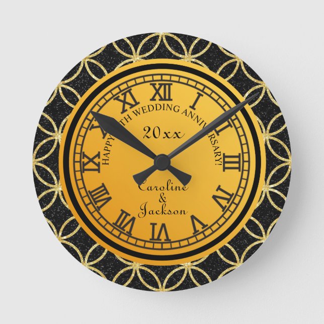 50th Gold Wedding Anniversary Glitter Round Clock (Front)