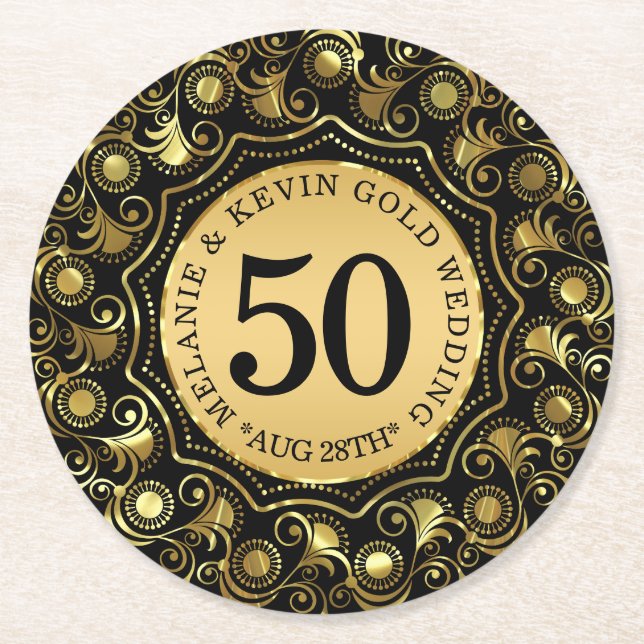 50th Gold Wedding Anniversary Gold Circle Frame Round Paper Coaster (Front)
