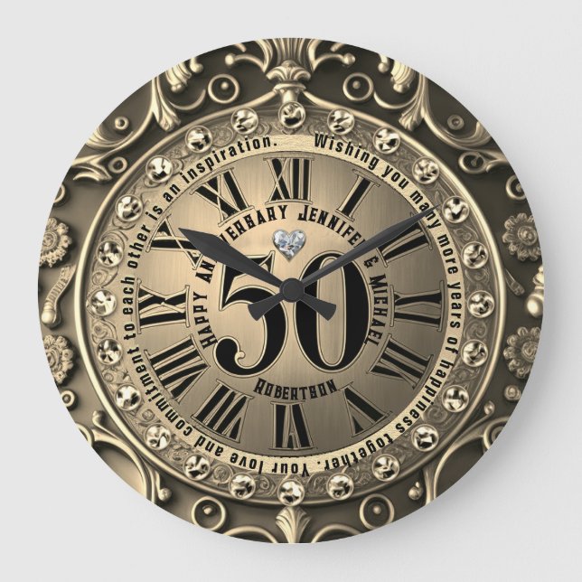 50th Gold Wedding Anniversary Large Clock (Front)