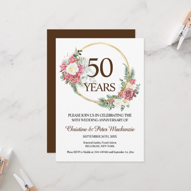 50th Gold Wedding Anniversary Roses  Invitation (Front/Back In Situ)