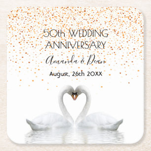 50th gold wedding anniversary white swans in love square paper coaster