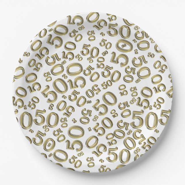 50th Gold/White  Random Number Pattern Paper Plate (Front)
