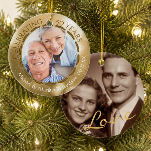 50th Golden Anniversary, 2-Sided 2-Photo Gold Ceramic Ornament