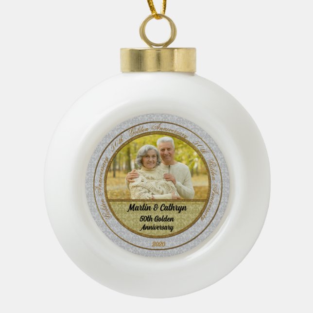 50th Golden Anniversary Damask with Photo Ceramic Ball Christmas Ornament (Front)