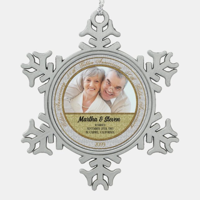 50th Golden Anniversary Damask with Photo Snowflake Pewter Christmas Ornament (Front)