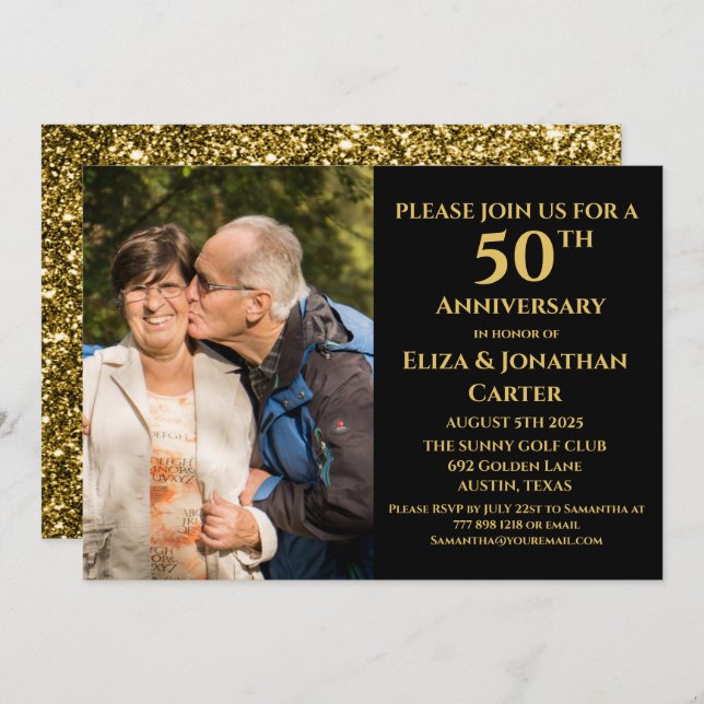 50th Golden Anniversary Gold Black Glitter  Invitation (Front/Back)