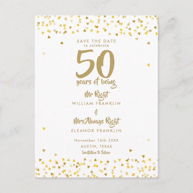 50th Golden Anniversary Mr Mrs Right Save the Date Announcement Postcard (Front)