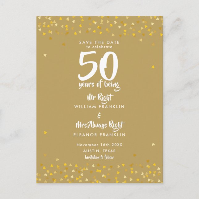 50th Golden Anniversary Mr Mrs Right Save the Date Announcement Postcard (Front)