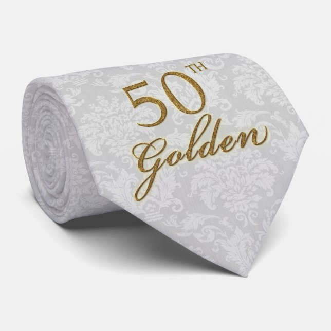 50th Golden Anniversary Silver and Gold Damask Tie (Rolled)