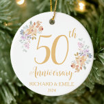 50th Golden Anniversary Watercolor Flower Ceramic Ornament<br><div class="desc">Celebrate 50 years of love and togetherness with our exquisite 50th Anniversary design. This elegant keepsake features delicate watercolor flowers, beautifully capturing the essence of nature's romance. The golden script font exudes a timeless luxury, perfectly suited for commemorating such a significant milestone. The intricate ornament design gracefully frames the text,...</div>