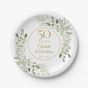 50th Golden Anniversary Watercolor Greenery  Paper Plate