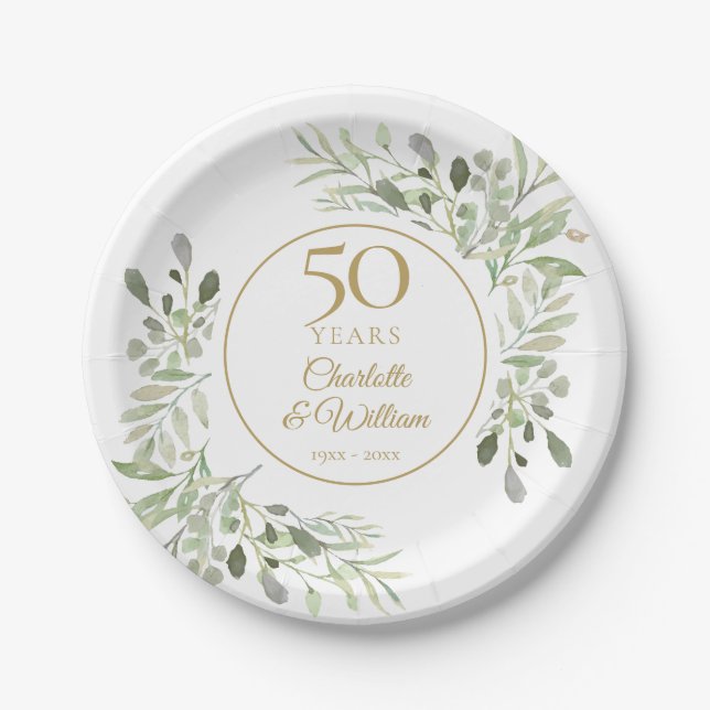 50th Golden Anniversary Watercolor Greenery  Paper Plate (Front)