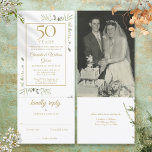 50th Golden Anniversary Wedding Photo Foliage RSVP Invitation<br><div class="desc">An all in one invitation and rsvp card featuring watercolor greenery foliage. Personalize with your favourite wedding photo and your special 50th golden wedding anniversary celebration details in chic gold typography. The invitation includes an RSVP card that can be cut off and guest information details. Designed by Thisisnotme©</div>