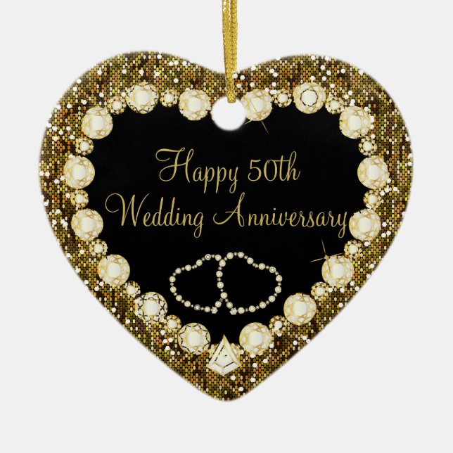 50th Golden Glitter Wedding Anniversary Ceramic Ornament (Front)