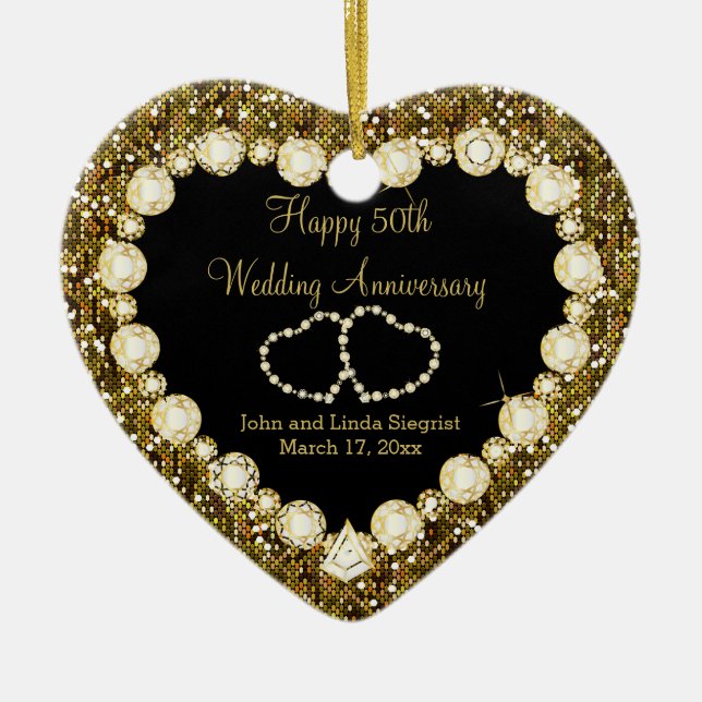 50th Golden Glitter Wedding Anniversary Ceramic Ornament (Front)