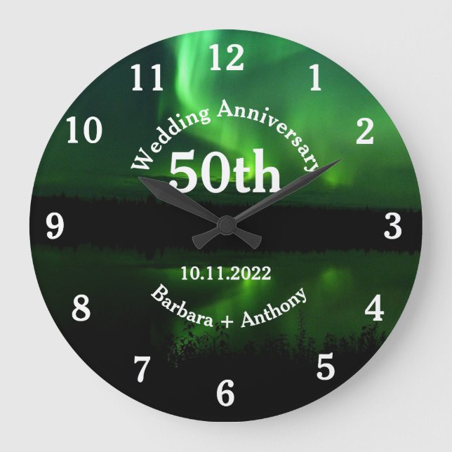 50th Golden Wedding Anniversary Aurora Borealis  Large Clock (Front)